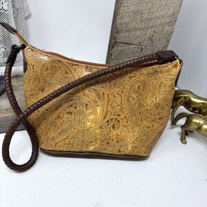 Embossed Tan Paisley Shoulder Bag With Brown Braided Strap By Relic
